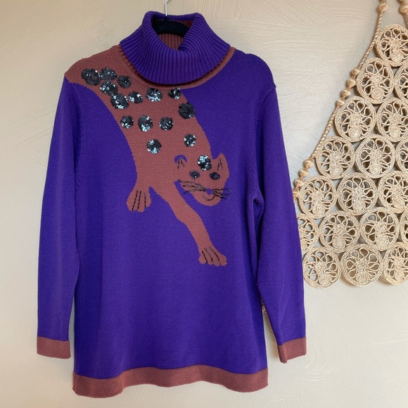 Vintage Sweaters - Vintage Arthur Kohler by Tricoville of London Purple Cat Turtleneck Sweater, 14
